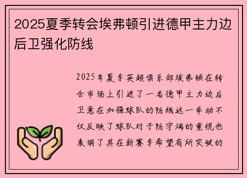 2025夏季转会埃弗顿引进德甲主力边后卫强化防线